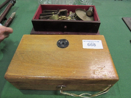 Box set of weighing scales c/w weights, a hand press & a Paul Waechter (Wetzler) microscope in a