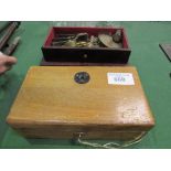 Box set of weighing scales c/w weights, a hand press & a Paul Waechter (Wetzler) microscope in a