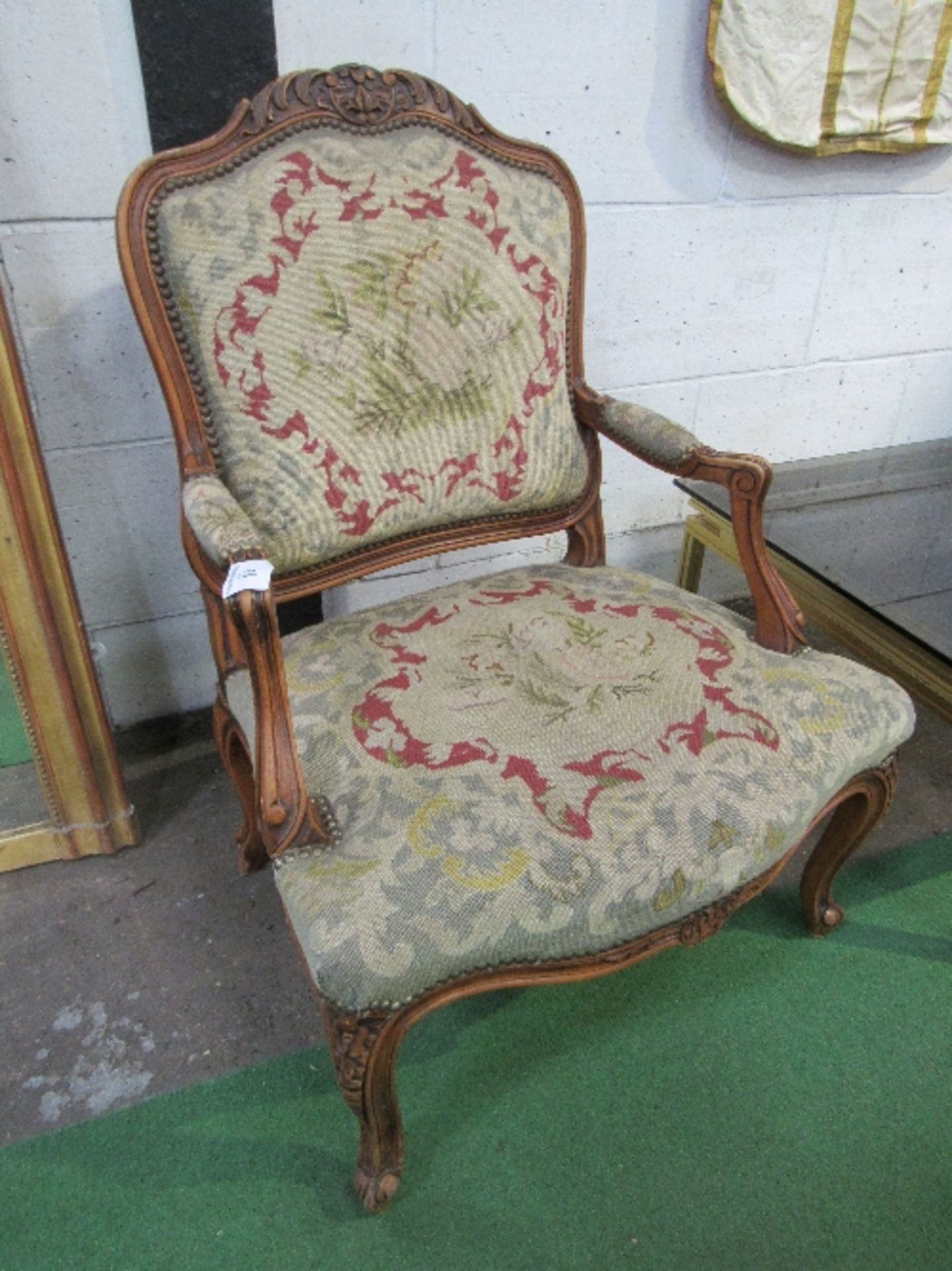 Large French cherry wood Fauteuil armchair with woven patterned fabric (shows signs of being