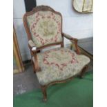 Large French cherry wood Fauteuil armchair with woven patterned fabric (shows signs of being