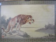 Large oriental silk picture of a lion by a lake, 94cms x 138cms.