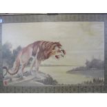 Large oriental silk picture of a lion by a lake, 94cms x 138cms.