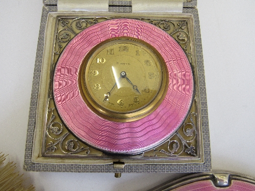 Silver & pink enamelled back dressing table set, Birmingham 1928 comprising hairbrush, mirror, - Image 2 of 4