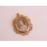 18ct gold pendant with portrait of a young lady, height 4cms, weight 8.4gms. Estimate £350-450.