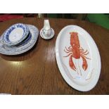 Large lobster decorated plate, 2 blue & white meat plates, 4 other blue & white plates & a gravy