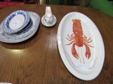 Large lobster decorated plate, 2 blue & white meat plates, 4 other blue & white plates & a gravy