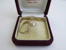 Mikimuto 18ct gold, diamond & pearl pendant on 9ct gold necklace in original box, weight 4.5gms.