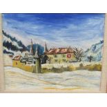 Framed oil on canvas of winter scene. Estimate £10-20.