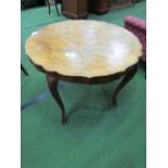 Italian hardwood shaped edge circular inlaid display table on 4 cabriole legs, diameter 89cms,