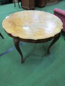 Italian hardwood shaped edge circular inlaid display table on 4 cabriole legs, diameter 89cms,