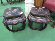 Pair of shaped oriental stands decorated with birds & floral pattern inlays, height 48cms x 48cms.