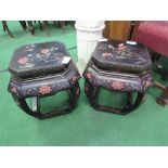 Pair of shaped oriental stands decorated with birds & floral pattern inlays, height 48cms x 48cms.