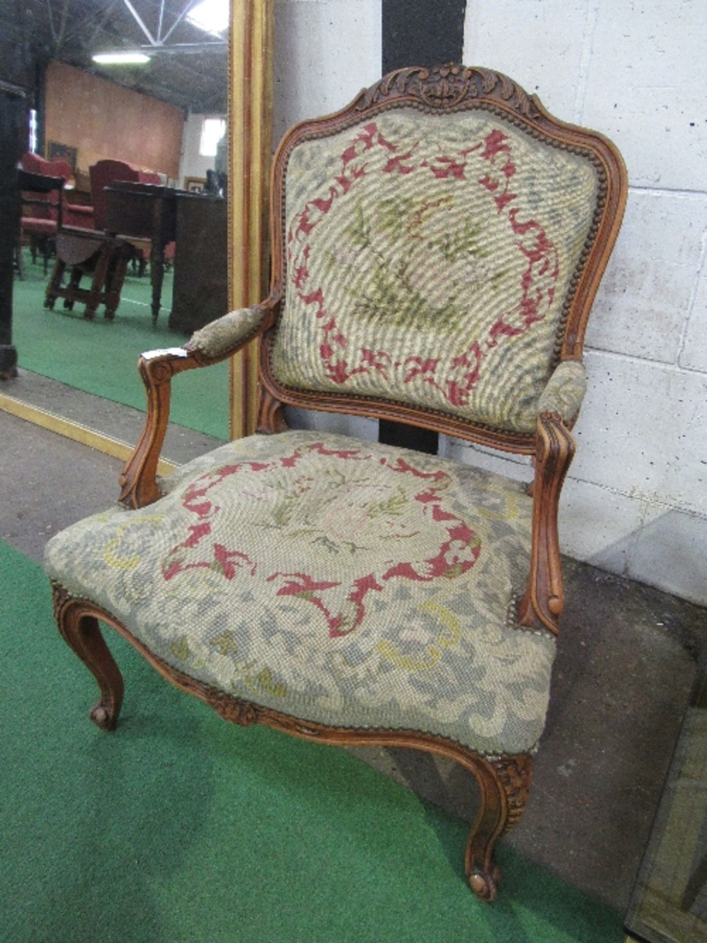 Large French cherry wood Fauteuil armchair with woven patterned fabric (shows signs of being - Image 2 of 2