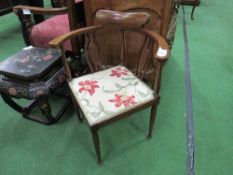 Mahogany inlaid corner chair on tapered legs. Estimate £20-30.