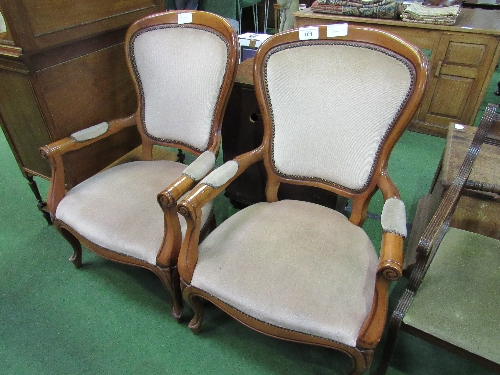 Pair of hard wood open armchairs. Estimate £40-60.