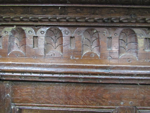 Large oak 17th century hanging cupboard, double doors, gouge carving to top, hanging pegs to - Image 5 of 6