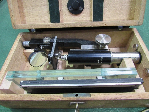 Box set of weighing scales c/w weights, a hand press & a Paul Waechter (Wetzler) microscope in a - Image 2 of 4