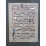 Framed & glazed Medieval manuscript & musical score, leaf on vellum calligraphic text with