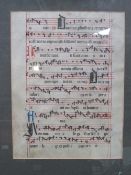 Framed & glazed Medieval manuscript & musical score, leaf on vellum calligraphic text with