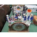 Mantle clock & 3 china Staffordshire flat backs. Estimate £10-20.