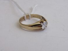 9ct gold & clear stone solitaire ring, size O, weight 5gms. Estimate £70-80.