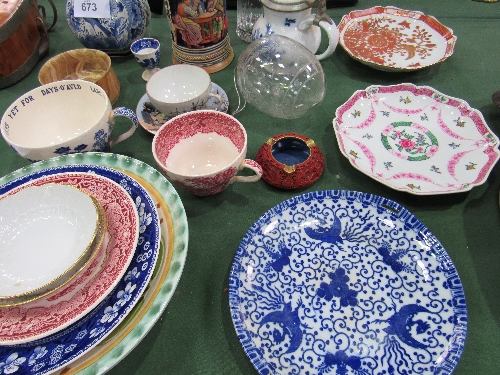 3 oriental plates, Delft bottle vase, qty of other china ware & a carved wood & enamel ashtray. - Image 4 of 4