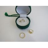 22ct gold wedding band, size J, weight 2gms, tested 18ct gold signet ring, size O, weight 2.9gms &