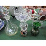 Cut glass bowl, 2 decanters, small Stein & green glass vase