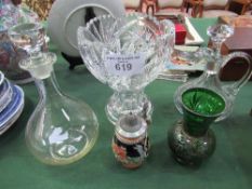 Cut glass bowl, 2 decanters, small Stein & green glass vase