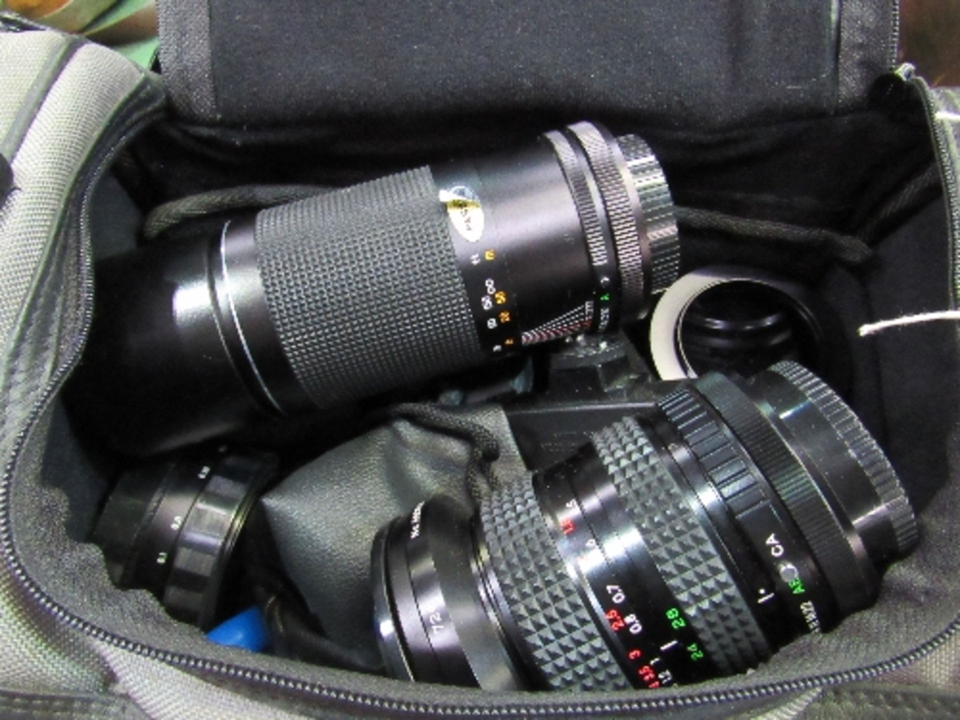 Canvas bag containing Soligor lens, Canon lens & qty of filters. Estimate £30-50.