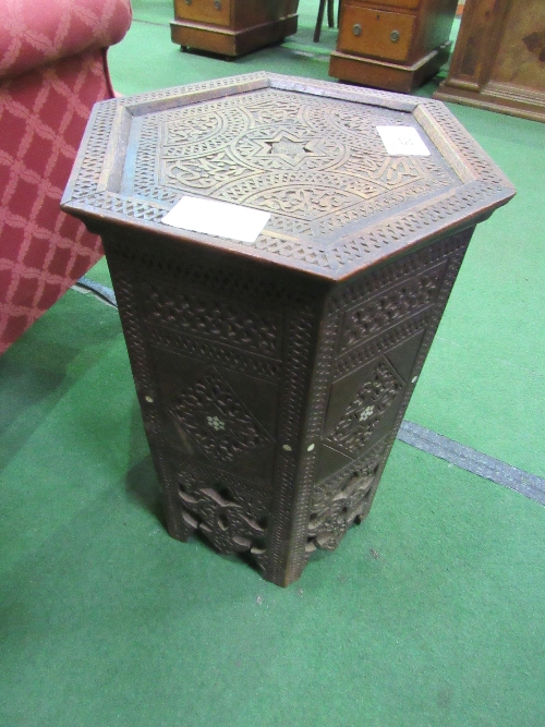 Indian hexagonal side table with mother of pearl inlay, height 54cms. Estimate £20-40. - Image 3 of 3