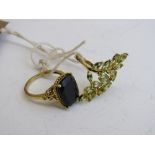 2 gold overlay on silver rings, dark stone & green flower ring, sizes Q & R. Estimate £40-50.