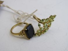 2 gold overlay on silver rings, dark stone & green flower ring, sizes Q & R. Estimate £40-50.