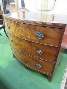 Mahogany Sheraton-style bow front chest of 3 graduated drawers. Estimate £80-100.