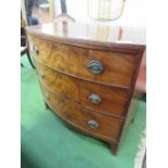 Mahogany Sheraton-style bow front chest of 3 graduated drawers. Estimate £80-100.