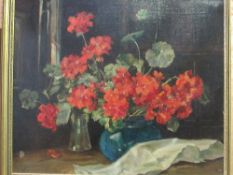 1930's framed oil painting of Geraniums. Estimate £5-10.