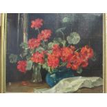 1930's framed oil painting of Geraniums. Estimate £5-10.