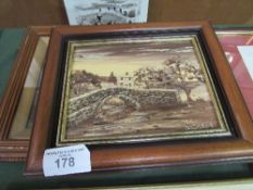 Framed & glazed watercolour lake scene & a painting on board of a bridge & house scene