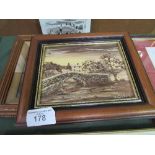 Framed & glazed watercolour lake scene & a painting on board of a bridge & house scene