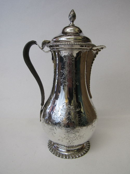 George III hallmarked silver coffee pot, engraved with flowers & swags, leather handle, by John
