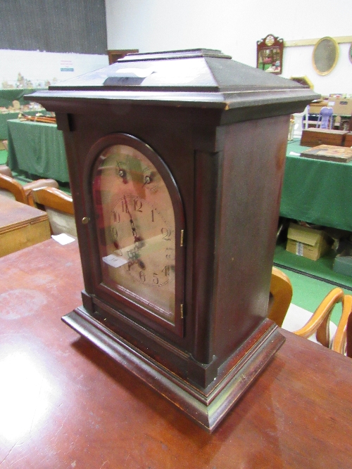 Large mahogany Westminster chimes regulator mantel clock with domed bezel & satin silver face, - Image 2 of 2