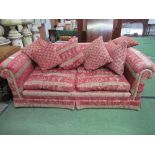 Large 2 seat Chesterfield shaped red & gold upholstered sofa, 204cms x 110cms. Estimate £50-80.