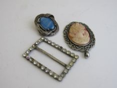 Cameo pendant, Scottish style blue stone brooch & belt buckle. Estimate £15-20.