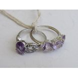 2 silver rings with amethyst & pink stones, both size Q. Estimate £25-30.