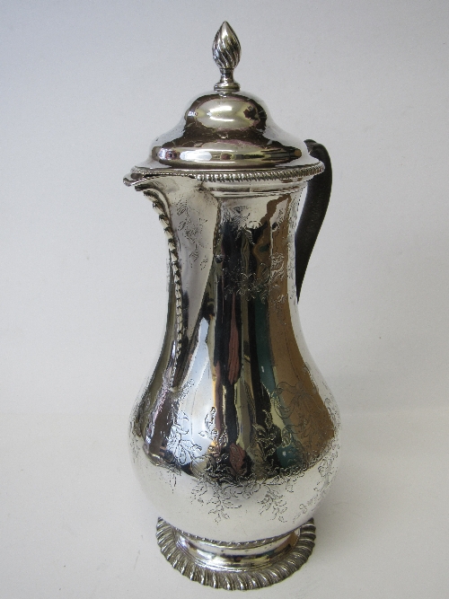 George III hallmarked silver coffee pot, engraved with flowers & swags, leather handle, by John - Image 6 of 6