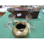 Indian brass pot & a pair of Indian candlesticks in the form of a cobra