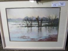 Framed & glazed pastel of a wintery landscape signed G Oliver, framed size 75cms x 59cms.