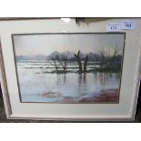 Framed & glazed pastel of a wintery landscape signed G Oliver, framed size 75cms x 59cms.