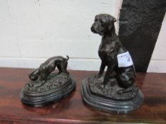 Bronze dog with rat figure, signed Barrie & another of a Boxer dog