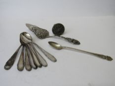 7 WMF silver plated teaspoons, 800 marked long handled silver teaspoon, silver plated bottle stopper